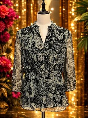 Misty and Max Black and Floral Sheer Blouse